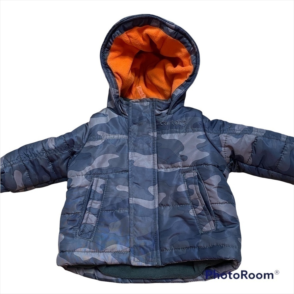 Carter’s Puffer Jacket 12 mos Full Zip Camouflage Green Orange Hooded